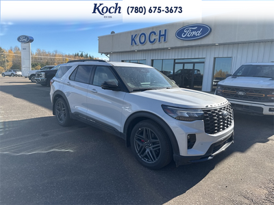 NEW 2026 Ford Explorer ST - Space White Metallic Exterior / ONYX, HEAT/VENT UNIQUE MIKO SUEDE SPORT CAPTAIN'S CHAIRS Interior - $75,130 - Stock #A26267 - VIN 1FMWK8GC3TGB05111