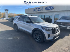 NEW 2026 Ford Explorer ST - Space White Metallic Exterior / ONYX, HEAT/VENT UNIQUE MIKO SUEDE SPORT CAPTAIN'S CHAIRS Interior - $75,130 - Stock #A26267 - VIN 1FMWK8GC3TGB05111